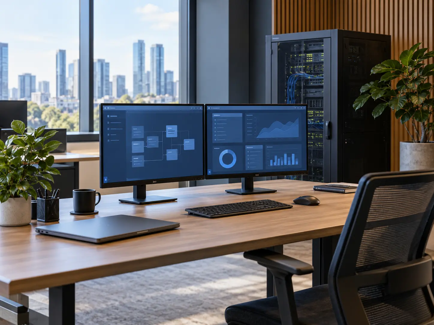Original illustration of an IT workspace with monitors and network equipment