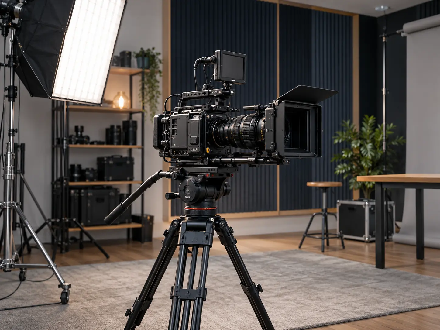 Original illustration of an unbranded cinema camera in a production studio